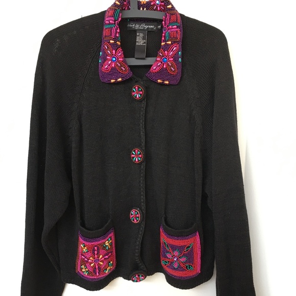 Gladys Bagley Work in Progress Sweater Cardigan Beaded M - Picture 1 of 6